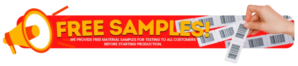 banner that says free samples! we provide free material samples for testing to all customers before starting production